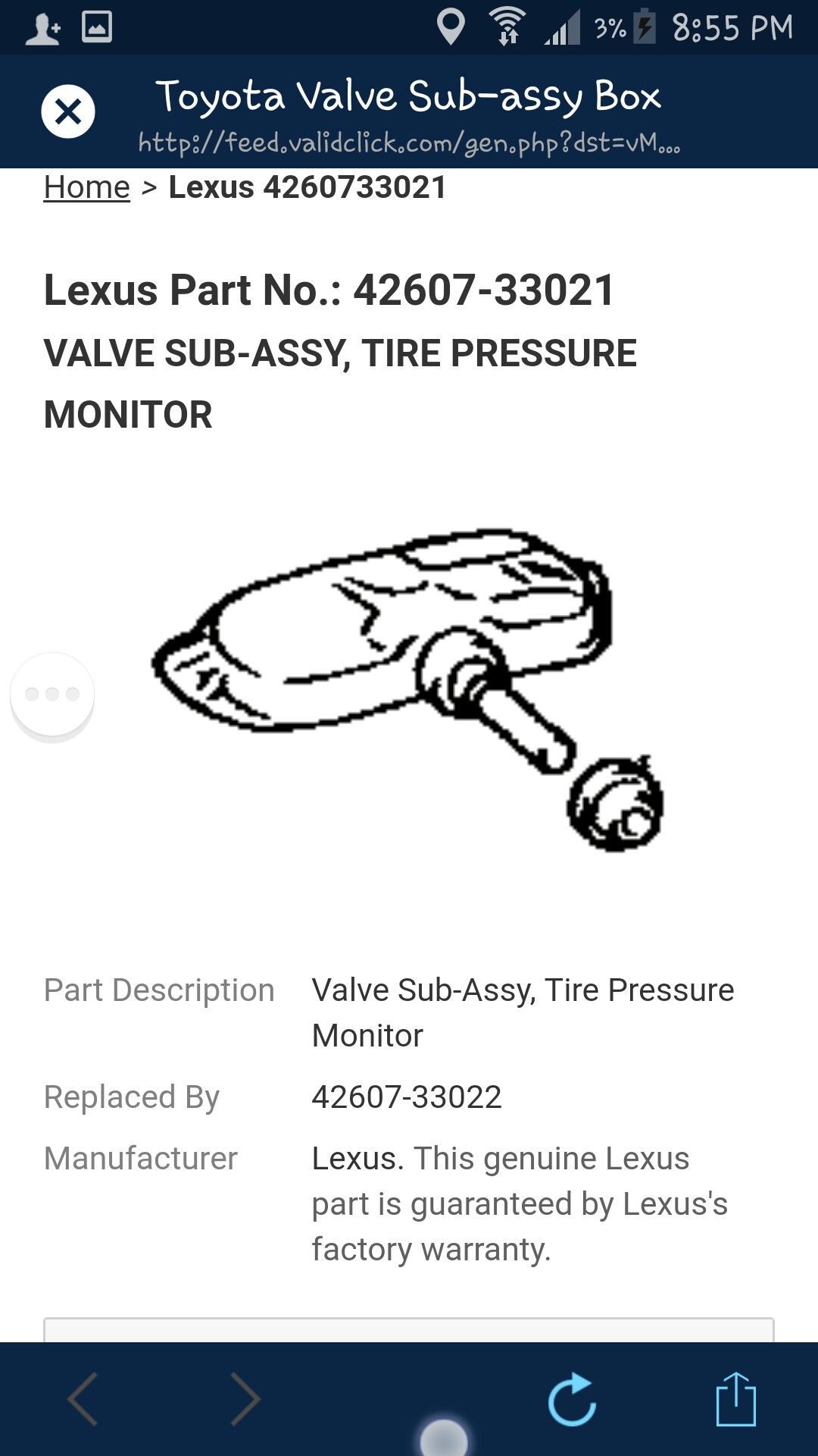 ($65.00 Value)!!!BRAND NEW!!! Lexus or Toyota Models VALVE SUB-ASSY FOR TIRE (42607-33021)