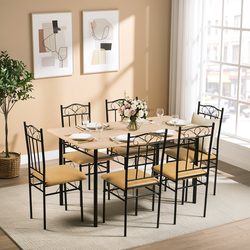 Homy Casa NORSEMAN 7PC 55.1" Beech Dining Set with 6 Beige Cushioned Chairs for Kitchen & Dining Room Open Box