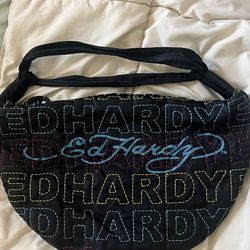 Vintage Ed Hardy Stitch Logo Quilted Black Beach Tote Bag