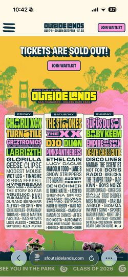 2 Outside Lands 3-Day Festival Wristbands