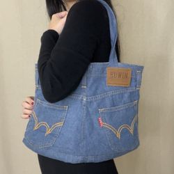 Edwin Jeans Denim Handmade Tote Bag Purse VTG Unique Design  Carry Tote Bag