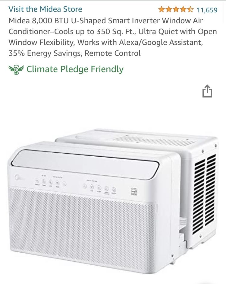 Midea 8,000 BTU U Shaped Window Air Conditioner, 9X Quieter with Inverter technology, Unique Open Window Installation, Over 35% Energy Savings,