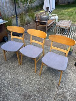 Mid century Natural Oak dining chairs, gray fabric seat. Set of 3
