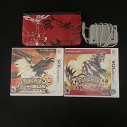 Nintendo 3Ds XL Pokemon X & Y Red Edition (doesn’t have a pen). With charger, Pokemon Ultra Sun, and Pokémon Omega Ruby.