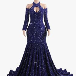 Mermaid Trumpet Evening Gown Long Sleeve V Neck Sequins Elegant Dress Engagement Court Train