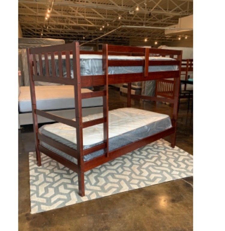 Twin Over Twin Cappuccino Bunk Beds With Plush Mattresses $379 And A Free Delivery