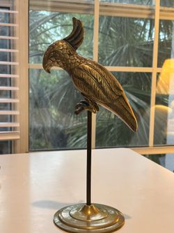 14.5" Large Vintage Brass Parrot With Stand Mid-Century