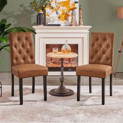 2pcs Button Padded Dining Chair with Solid Wood Legs