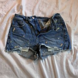 American Eagle High Rise Floral Embroidered Distressed Denim Mom Shorts