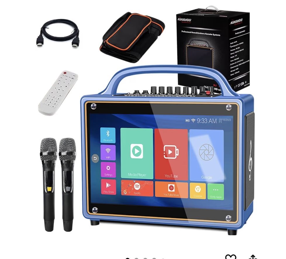 Smart Karaoke Machine with Lyrics Display, 14 Inch IPS Touch Screen, Two Wireless Microphones, Portable Bluetooth Speaker PA System for Home Outdoor P