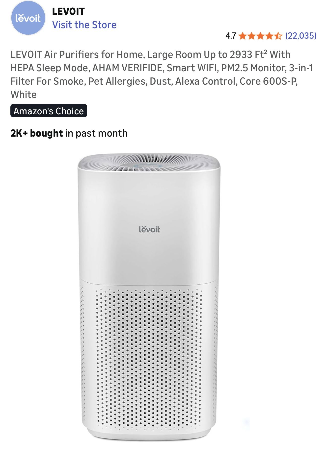 Levoit Air Purifier 600s White Large room
