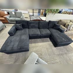 Black u shaped corduroy double chaise sectional sofa