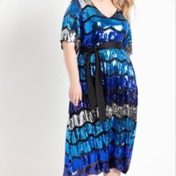 ROYAL BLUE, SILVER, AND BLACK SEQUIN STRIPE DRESS