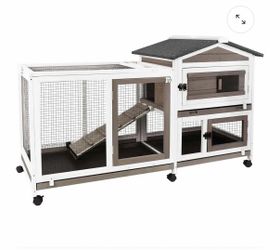 Rabbit Hutch, Indoor Two-Story Rabbit Cage with Pull Out Tray, Wheels, Asphalt Roof,White/Grey
