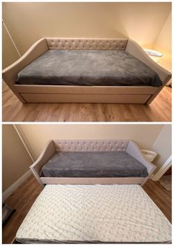 DISASSEMBLED & READY FOR PICKUP, Poundex Twin Upholstered Daybed w/ Pull-Out Trundle & Nailhead Trim