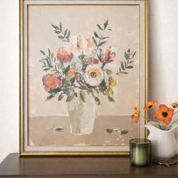 Large Framed Floral Artwork Neutral Tones Gold Frame Elegant Wall Decor