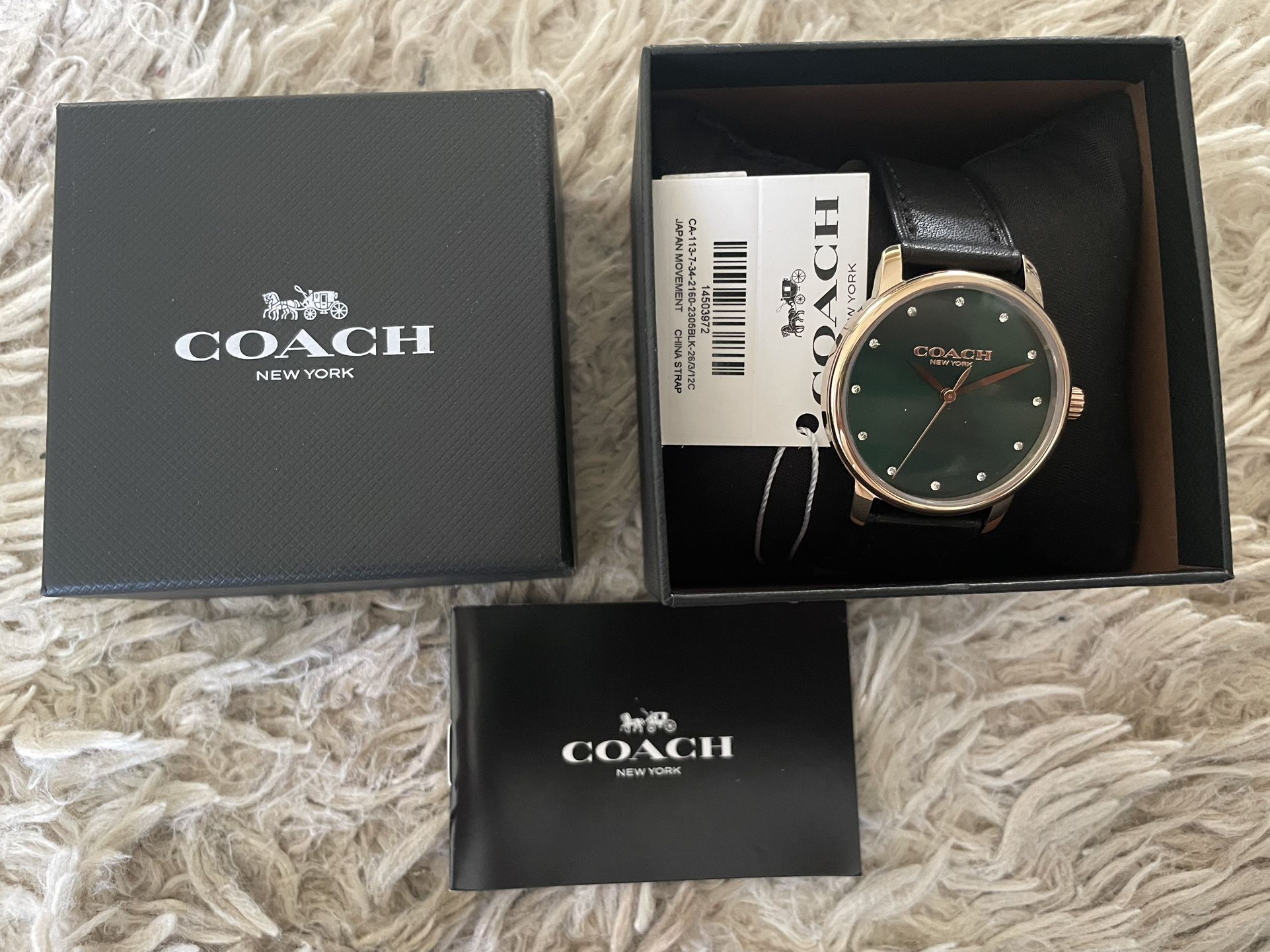 Coach 1(contact info removed) Grand Green Carnation Gold Tone Dial Black Leather Band Women's Watch