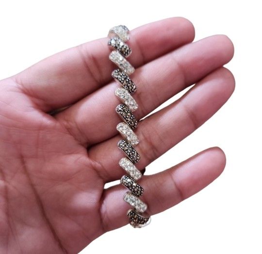 Thailand A925 Sterling Silver Maracsite & CZ Tennis Link Bracelet 6"