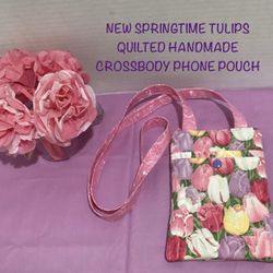 NEW SPRINGTIME COLORFUL TULIPS QUILTED HANDMADE CROSSBODY PHONE POUCH 