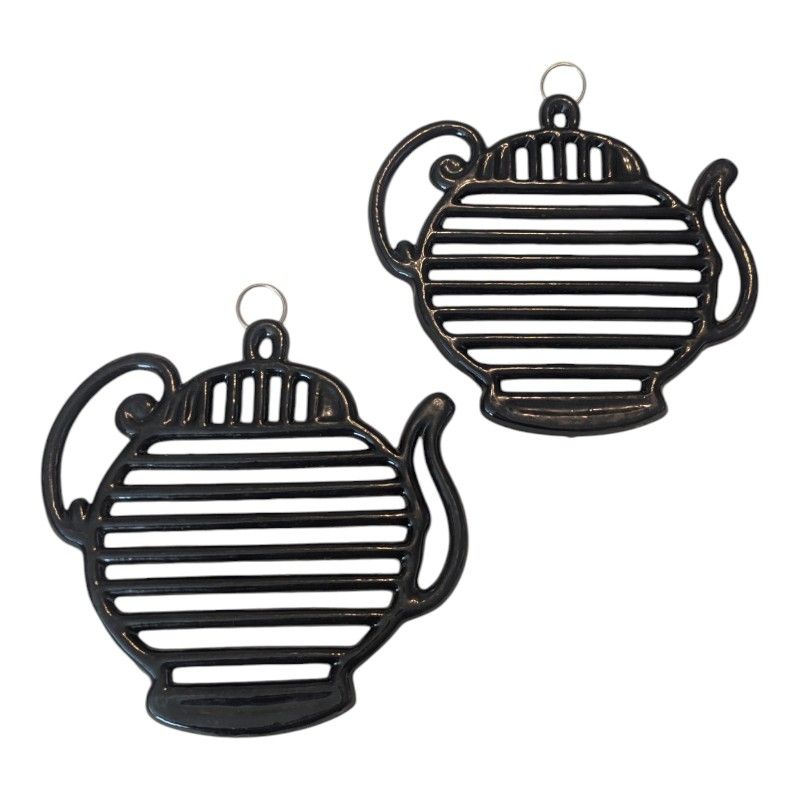 Y2K 2 ODI Teapot Kettle Shaped Black Coated Cast Iron 3 Footed Trivets W Hangers