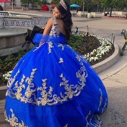 Royal Blue And Gold Ball Gown Dress 