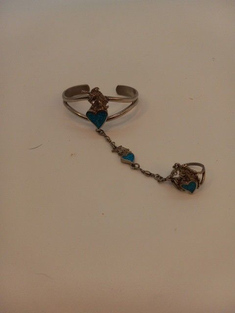 VTG Ege 90 Silver Tone CrushTurquoise Unicorn Heart Slave Bracelet Cuff Ring