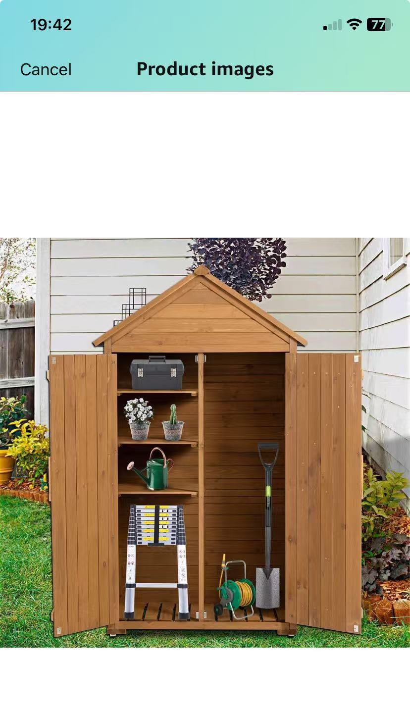 Outdoor Wooden Storage Cabinet, Garden Wood Tool Shed, Outside Wooden Shed Closet with 3 Detachable Shelves, Waterproof Roof, and Latch for Yard Patio