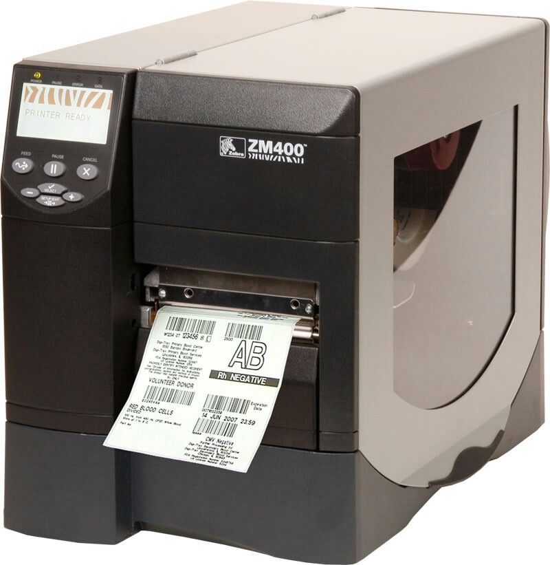 Zebra ZM400 heavy duty thermal printer with a pack of 2000 labels.