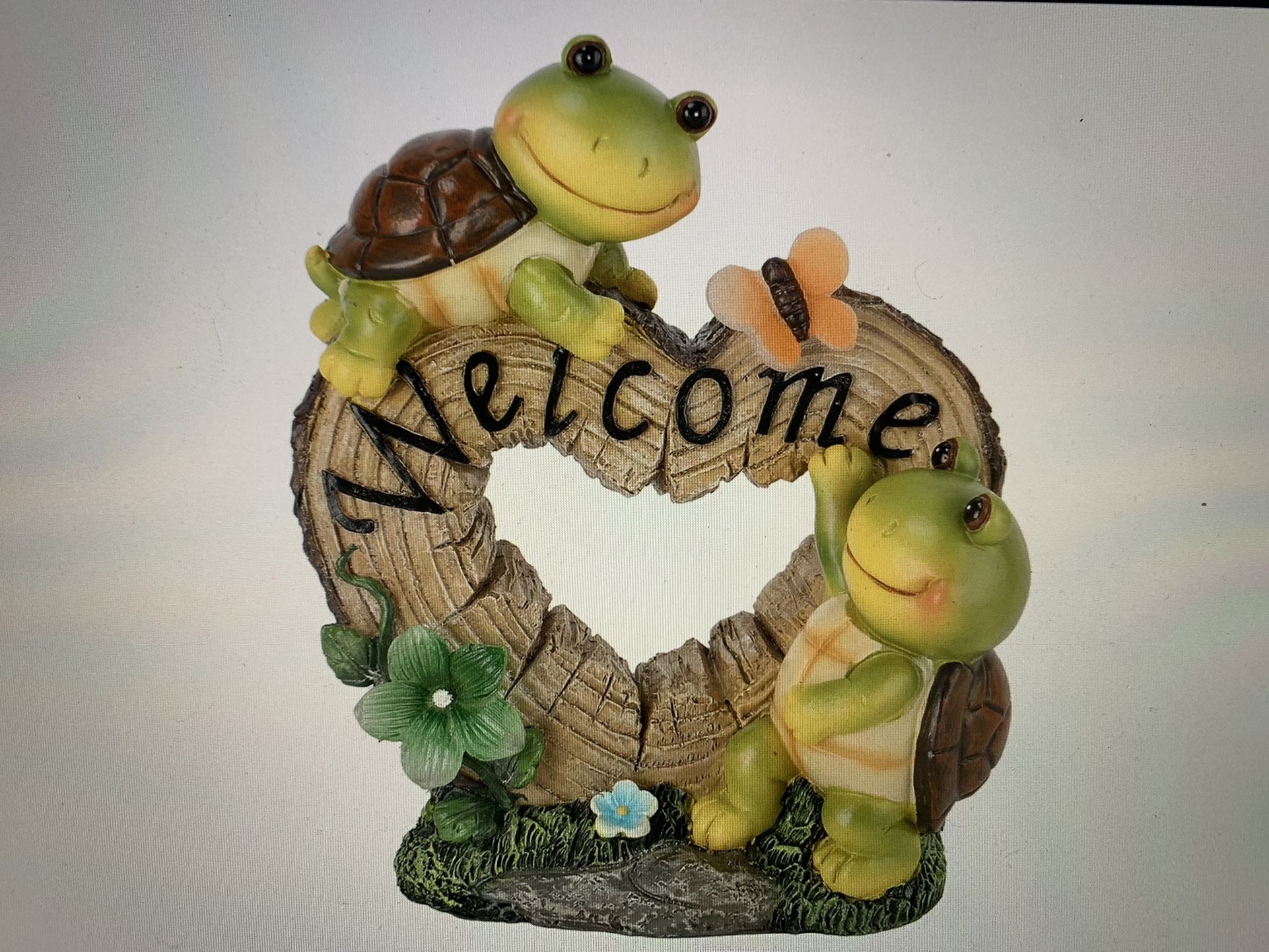 Garden Statue Figurine-Two Loved Turtles Welcome, Solar Powered