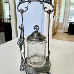 Antique WILCOX Silver Plated Pickle Castor & Glass JAR w/ TONGS. **Read Description Please**