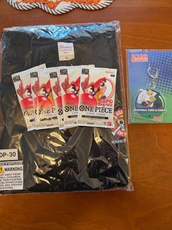 Round1 One Piece Promo Packs (5), Keychain, and Luffy Japanese T-Shirt (XL)
