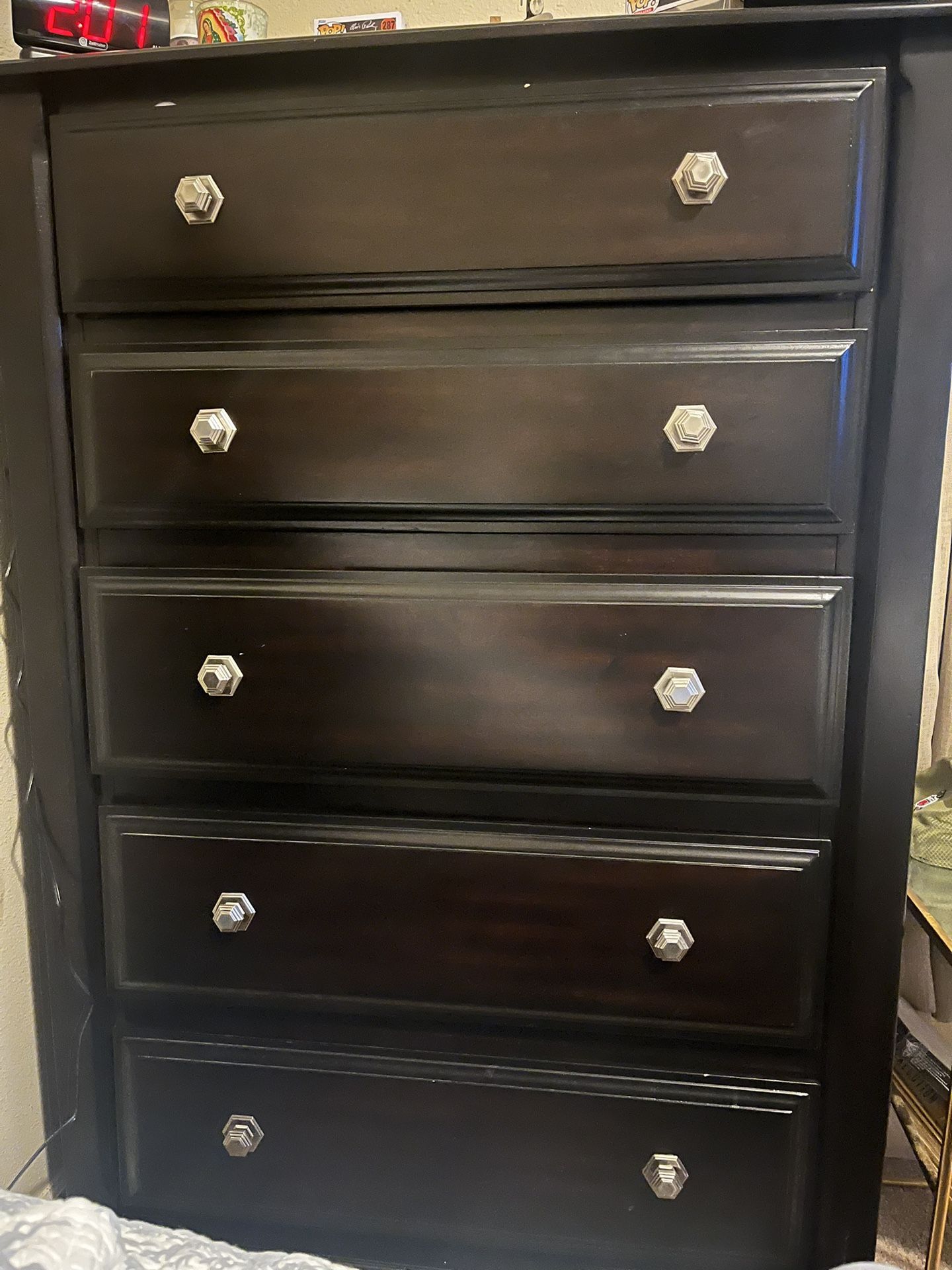 Dark Wood King Bedroom Set – Bed, Dressers, Mirror, Media Center & Nightstand