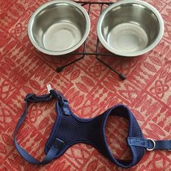 Dog Harness and 2 Stainless Steel Bowls with Stand
