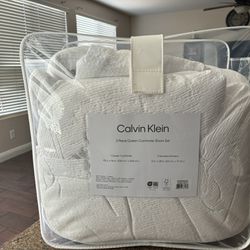 Calvin Klein Seersucker 3 Piece Comforter Set- White - Queen
