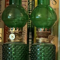 Set of 2 Vintage Mini Green Oil Lamps with Green Glass Chimney Brass Burner 8.5”