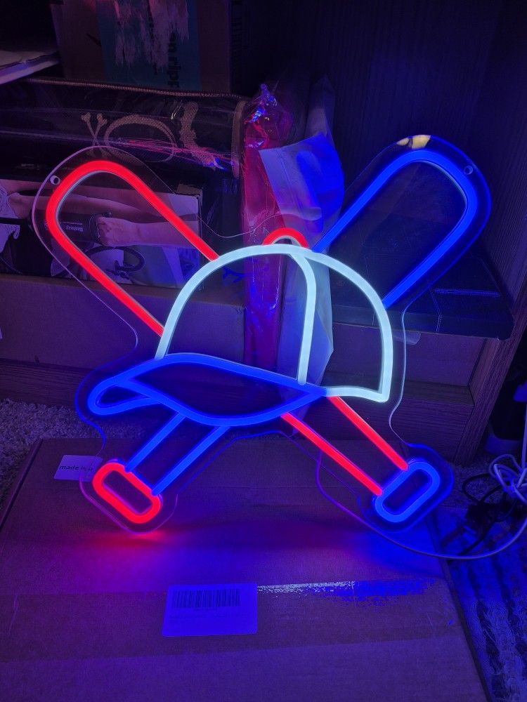 Baseball LED Neon Sign USB Red White Blue Hat Bats Hardware Incl Dimmable NIB