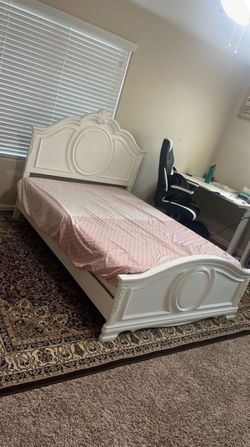 White Wood Bed Frame with Ornate Headboard
