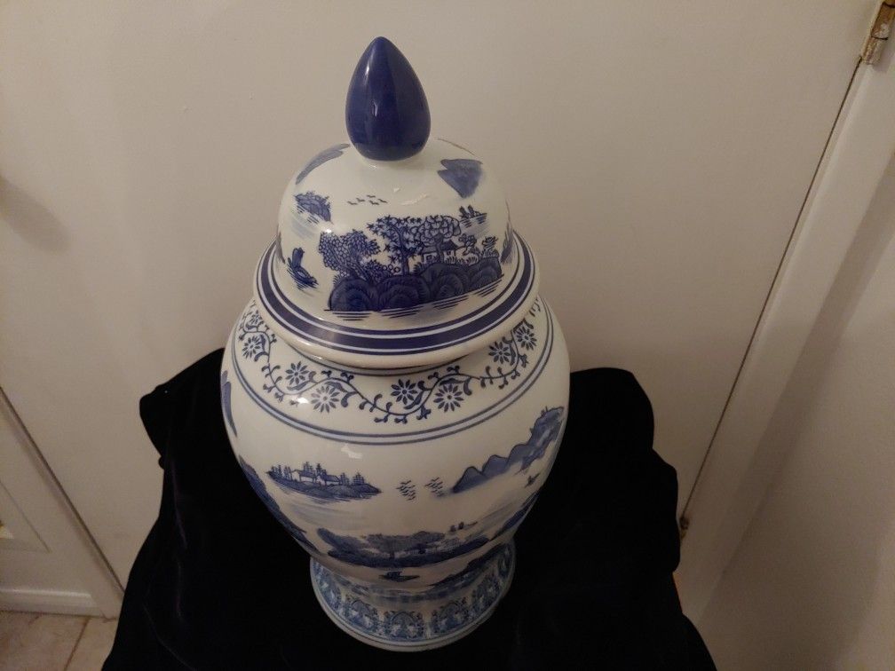 Quality Tall Oriental Vase. Heavy Piece. Approx Measurements H 20 Inches Center Width 9 Inches