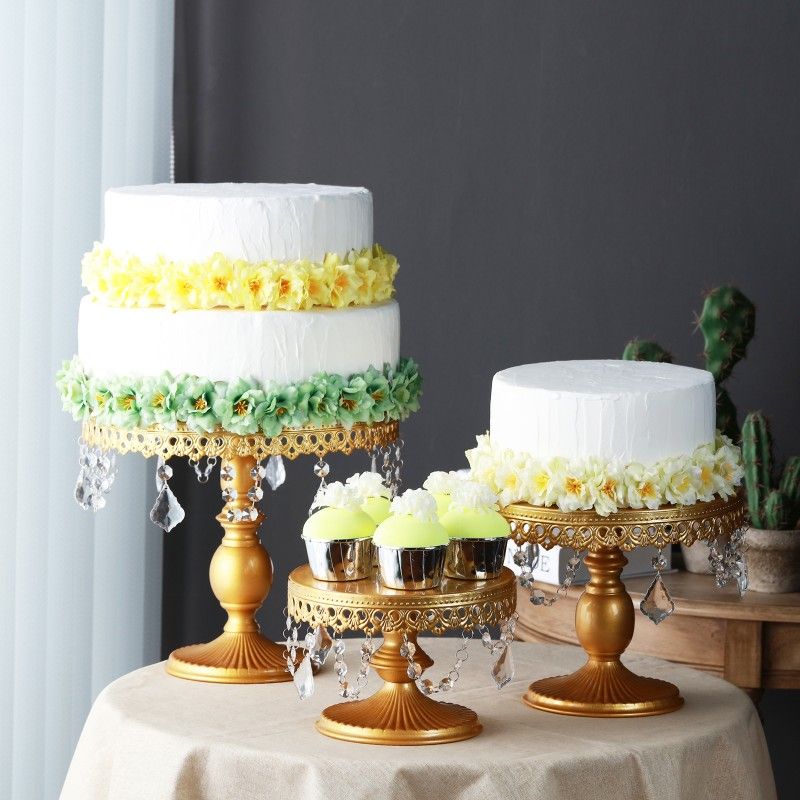 3Pcs Antique Cake Stand Set - Round Metal Cupcake Stands With Pendants And Beads - Elegant Dessert Display