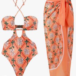 Idopip Orange Floral 2 Piece Set With Matching Cover Up Size L