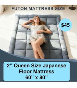 2” Queen Size Grey Japanese Floor Mattress Futon, Sleeping Pad Roll Up, Foldable, Comfortable, Tatami Mat, Floor Lounger, Bed, Sofa, Living Room, Dorm