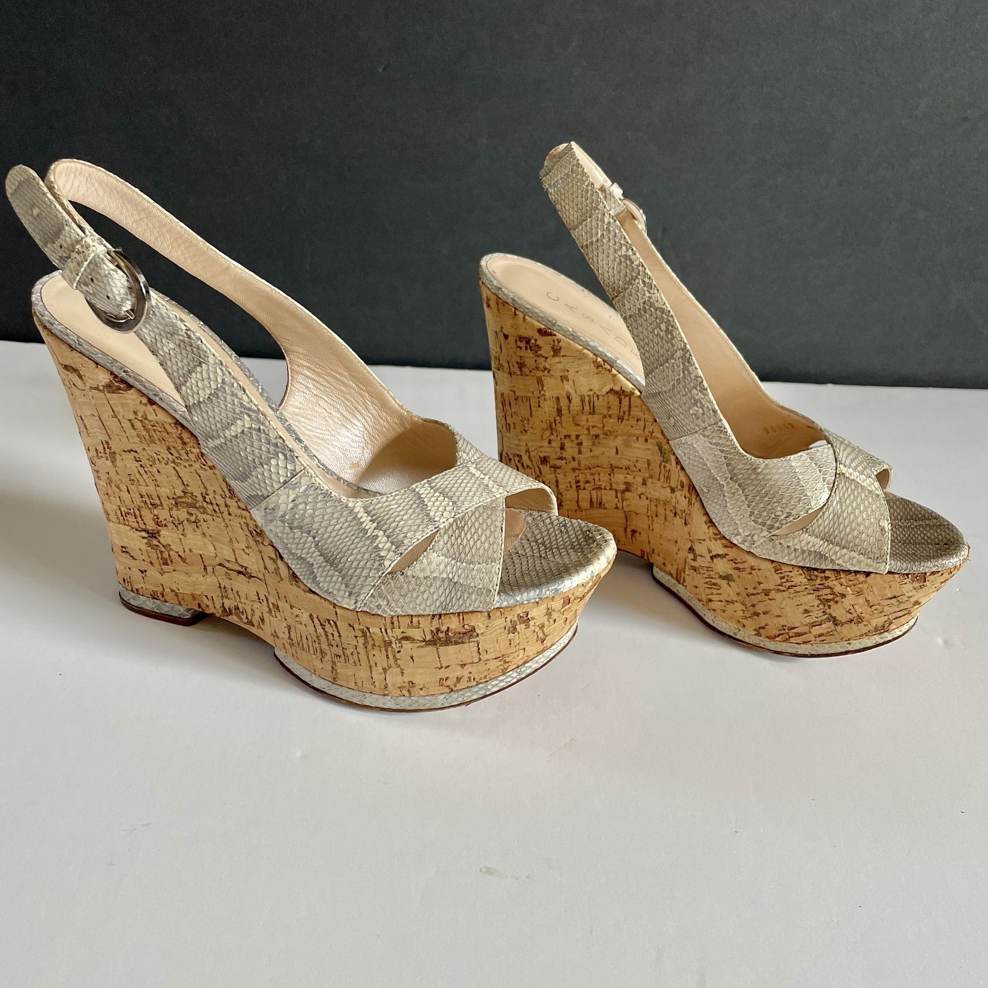 Casadei Ayers Snakeskin Cork Slingback Wedge Sandals Sz 41