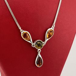 Natural 925 Sterling Silver Amber Stone Necklace 18” Inch 