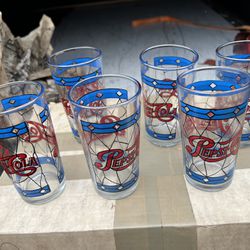 Set of 6 Vintage Pepsi-Cola Tiffany Style Drinking Glasses-5 ½" Tall-1970's
