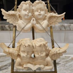 Set Of 2 Vtge. Wall Resin   Cherubs With Chain  Ready  To Hung  8.5"×4.5"