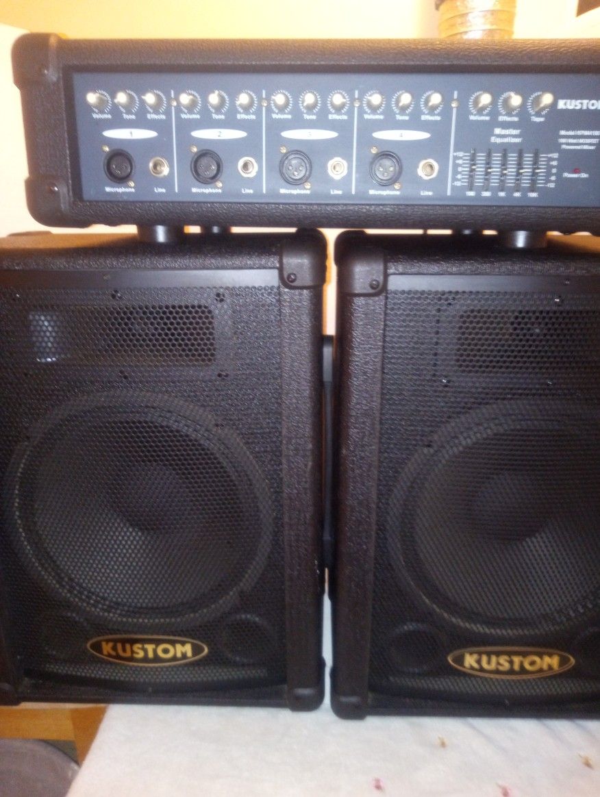 Used Only A Few Times Like NEW (2)Kustom KSC10 Monitor Speaker&Kpm-4100 Power Mixer With Reverb Look Below 👇