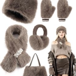 Gifts Sets for Women-5 Piece, Faux Fur Bucket Hat and Glove Set, Valentines G...