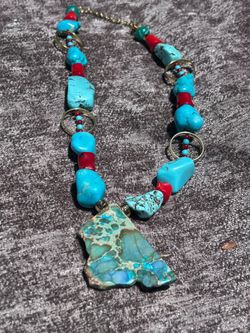 Large turquoise and red coral Navajo or Native American style necklace