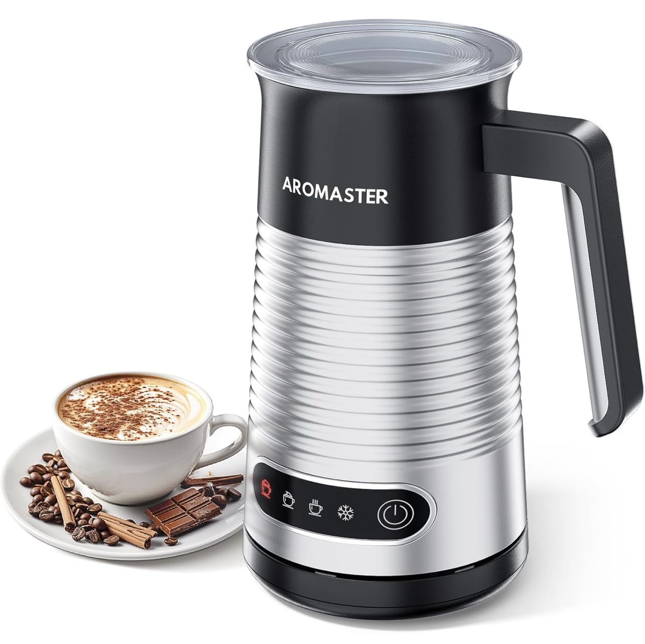 AROMASTER Electric Milk Frother, 4 IN 1 Stainless Steel Milk Frother and Steamer for Coffee, Lattes, Cappuccinos, Automatic Hot Dense/Airy Foam & Cold
