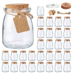 Mini Yogurt Jars 30 Pack, 7 oz Glass Favor Jars with Cork Lids, Pudding Containers with Lids, Mason Jar Wedding Favors Honey Pot with Label Tags and S